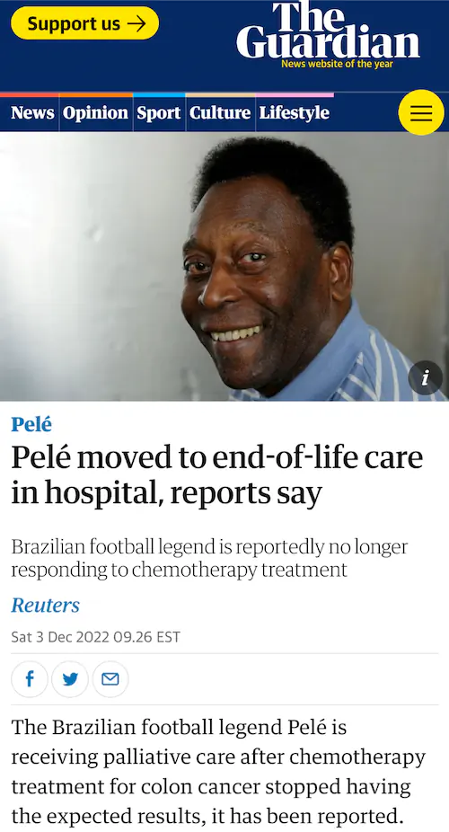 펠레 사망 직전 임종 전 연명 치료 중