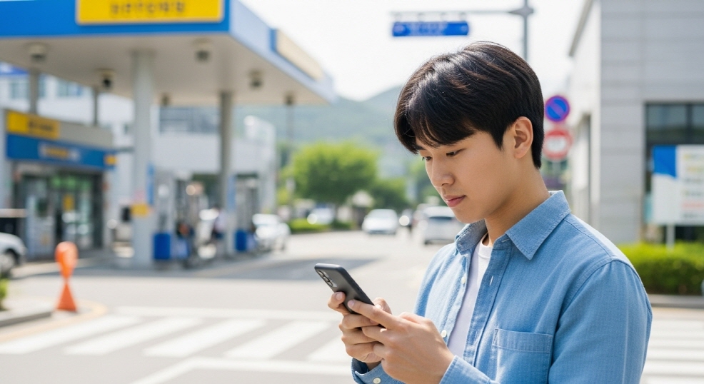 주유소 주변 거리에서 스마트폰을 조작하는 청년