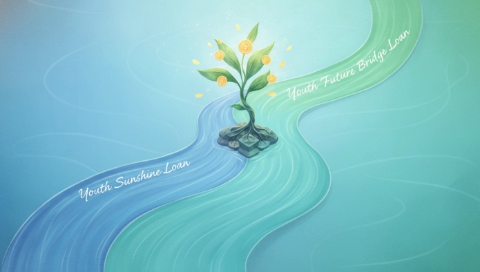 두 개의 금융 지원(햇살론유스와 청년미래이음대출)이 합쳐져 안정적인 재정 기반을 만드는 모습