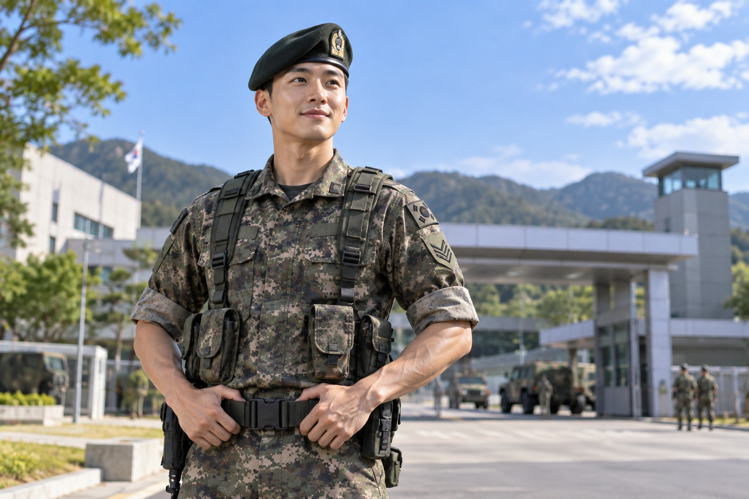 현대적인 군부대 앞에서 자신감 있게 서 있는 부사관