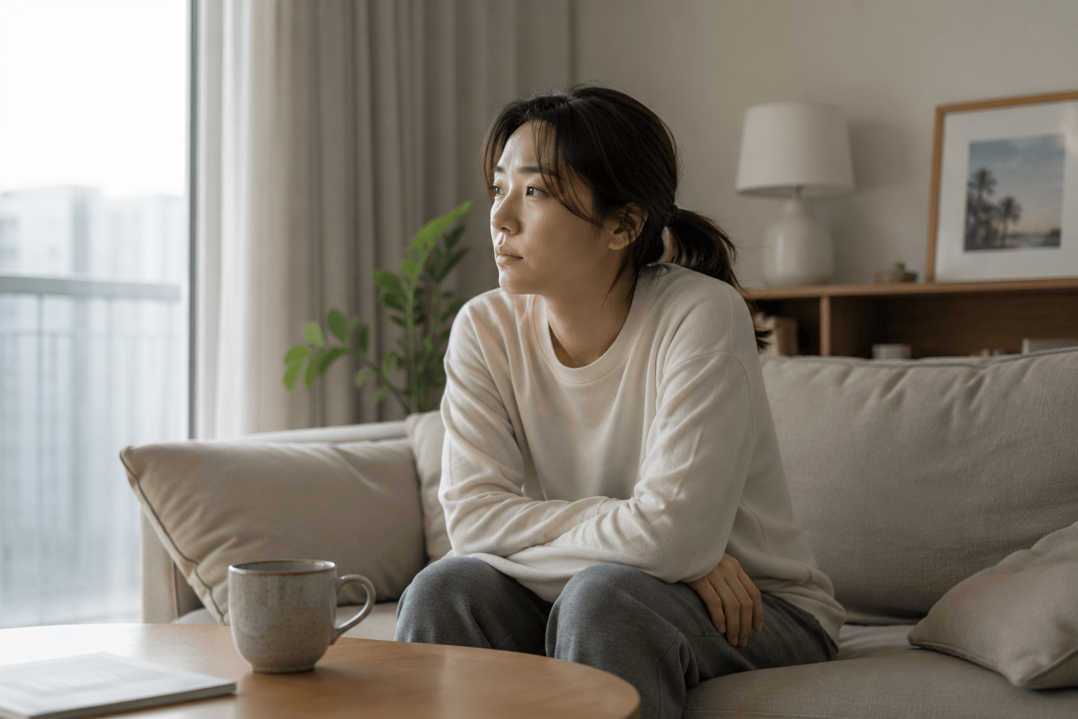 의욕 없이 소파에 멍하니 앉아 무기력함을 느끼는 30대 여성의 모습