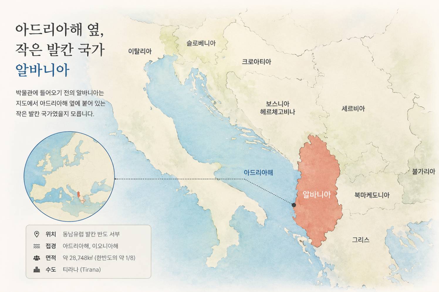 아드리아해 동쪽 발칸반도에 위치한 알바니아와 주변 국가를 보여주는 지도