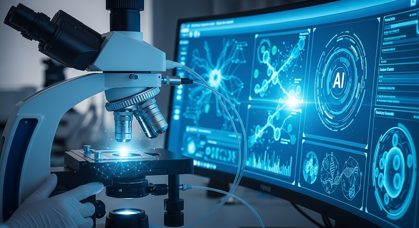 현미경과 컴퓨터 AI 인터페이스가 융합된 이미지