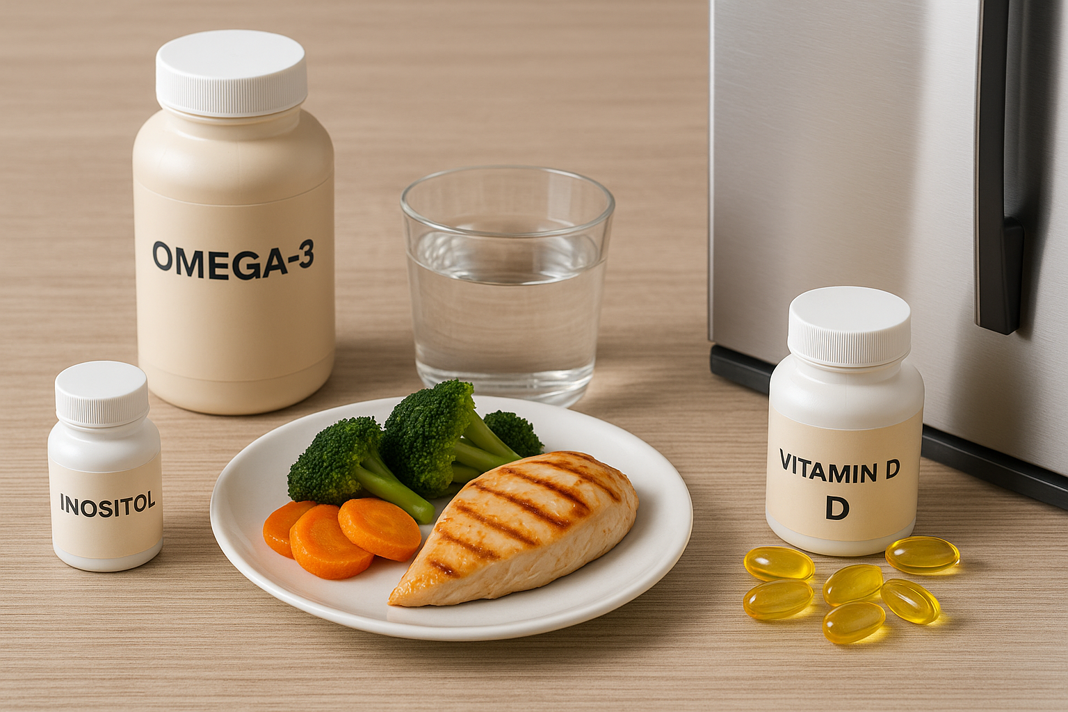 식사와 함께 복용하는 오메가3·비타민D와 이노시톨, 물 한잔, 구운 닭가슴살과 채소 플랫레이
