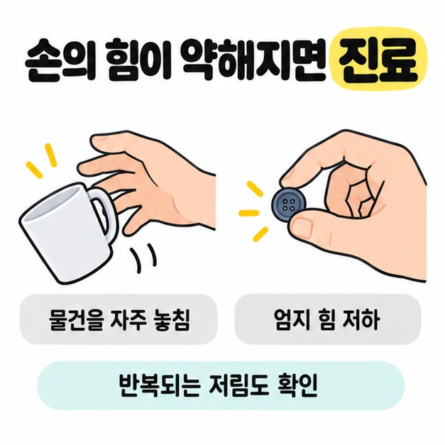 손에서 컵을 놓치는 모습과 엄지로 단추를 집는 모습을 통해 손의 힘이 약해지거나 저림이 반복되면 진료로 확인하도록 안내한 그림