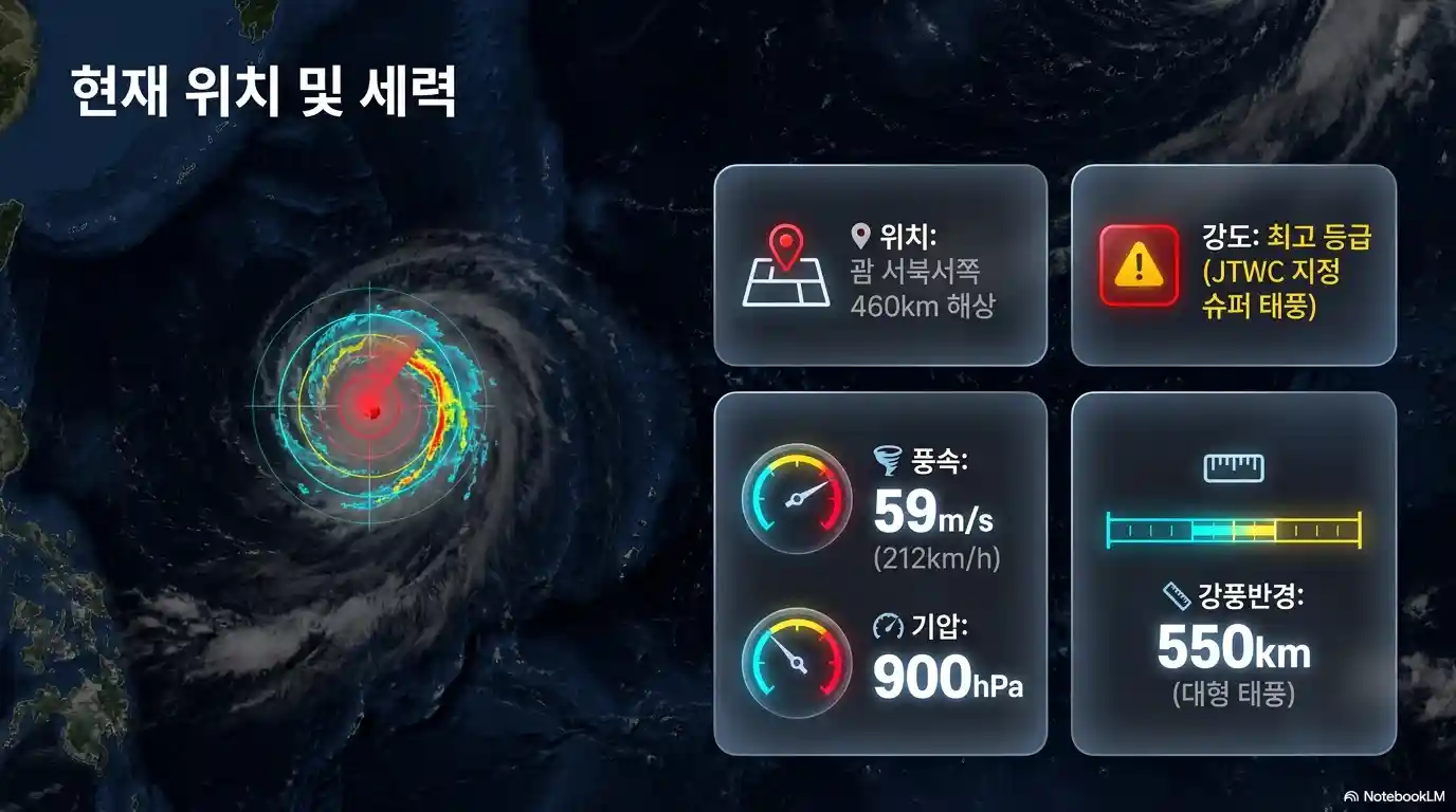 제9호 슈퍼 태풍 바비 현재 위치와 세력을 나타낸 지도. 괌 서북서쪽 460km 해상, 최대풍속 59m/s, 중심기압 900hPa, 강풍반경 550km 정보