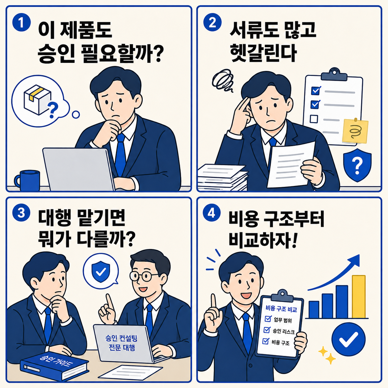 살생물제품 승인 필요 여부를 고민하는 사업자가 복잡한 서류와 절차를 보고 승인 대행 상담을 통해 비용 구조부터 비교해야 한다는 내용을 설명하는 네컷만화 이미지