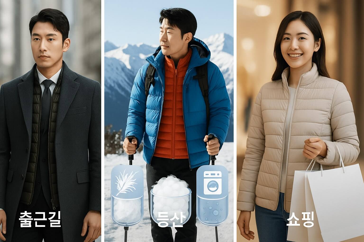 출근룩, 등산룩, 쇼핑룩에 맞는 경량패딩 스타일 비교