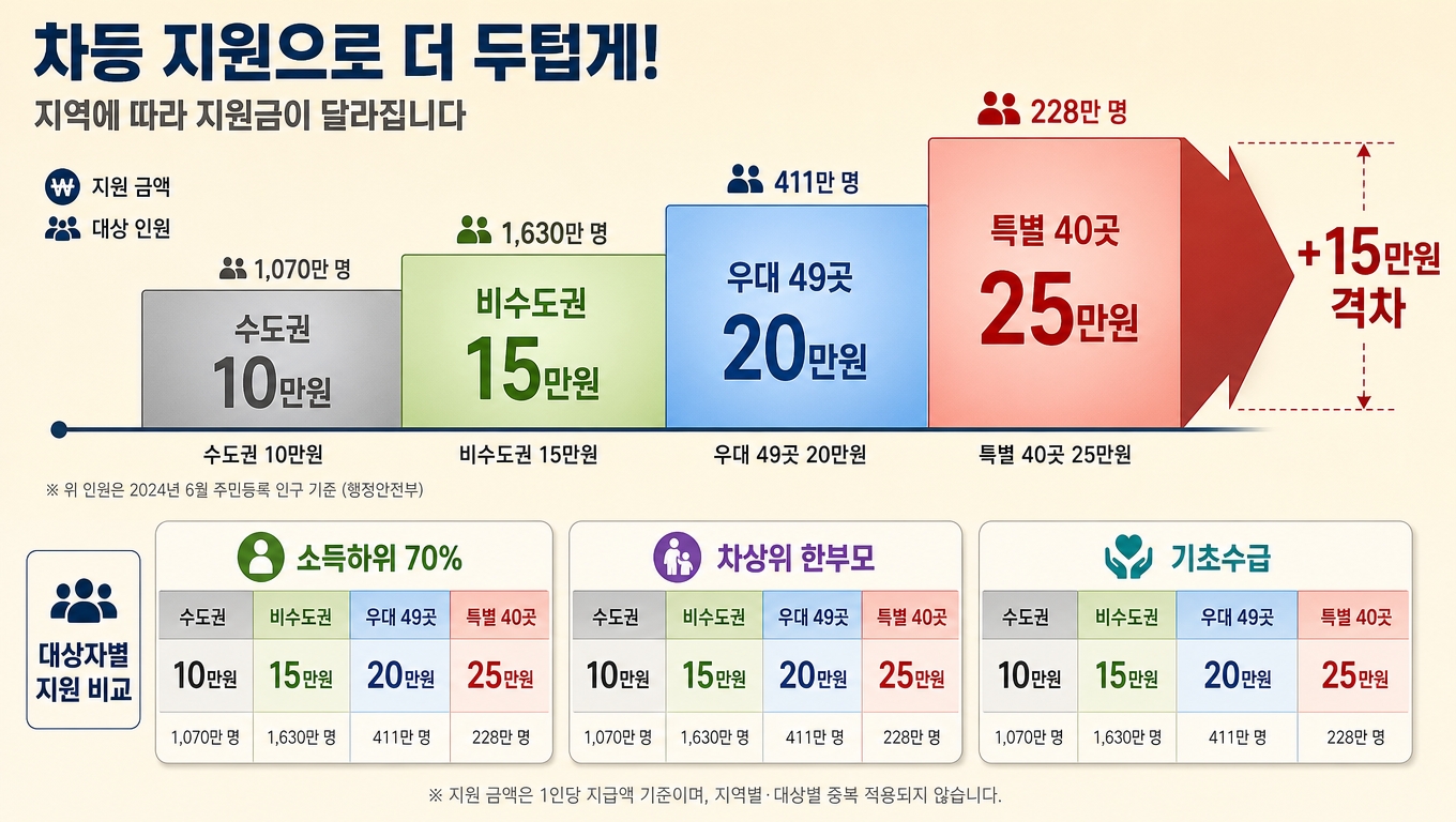 고유가 지원금 25만원 20만원 15만원 10만원 4단계 가산금 비교 인포그래픽