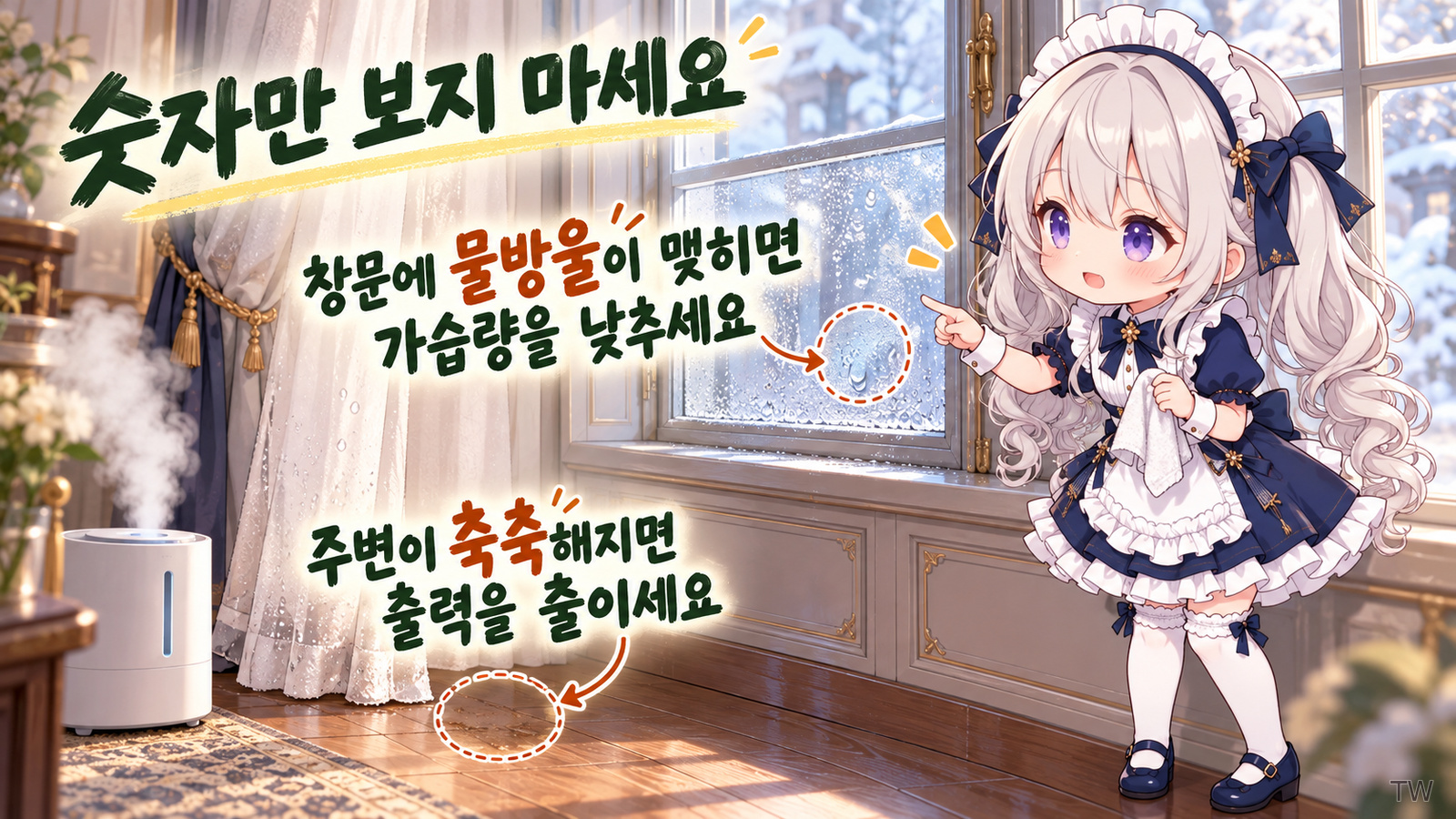 건강 안내 캐릭터가 창문 물방울과 젖은 가습기 주변을 살피며 결로와 주변 젖음이 생기면 가습량을 낮추도록 설명하는 인포그래픽