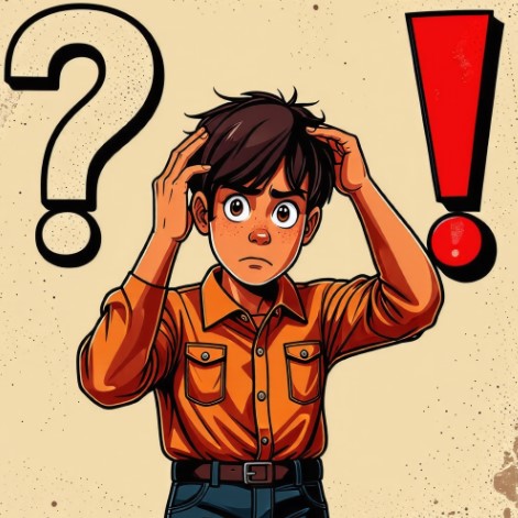 한 사람이 헷갈리는 표정으로 서 있고, 옆으로는 물음표와 느낌표가 있습니다.