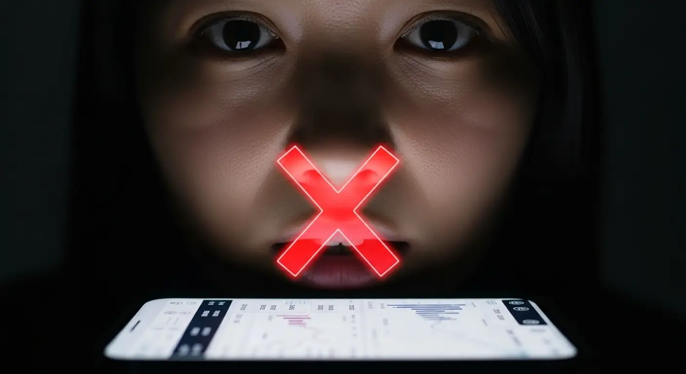 한 한국인 사용자가 스마트폰의 은행 앱에서 '햇살론뱅크 부결' 알림(X 표시)을 받고 절망하는 모습