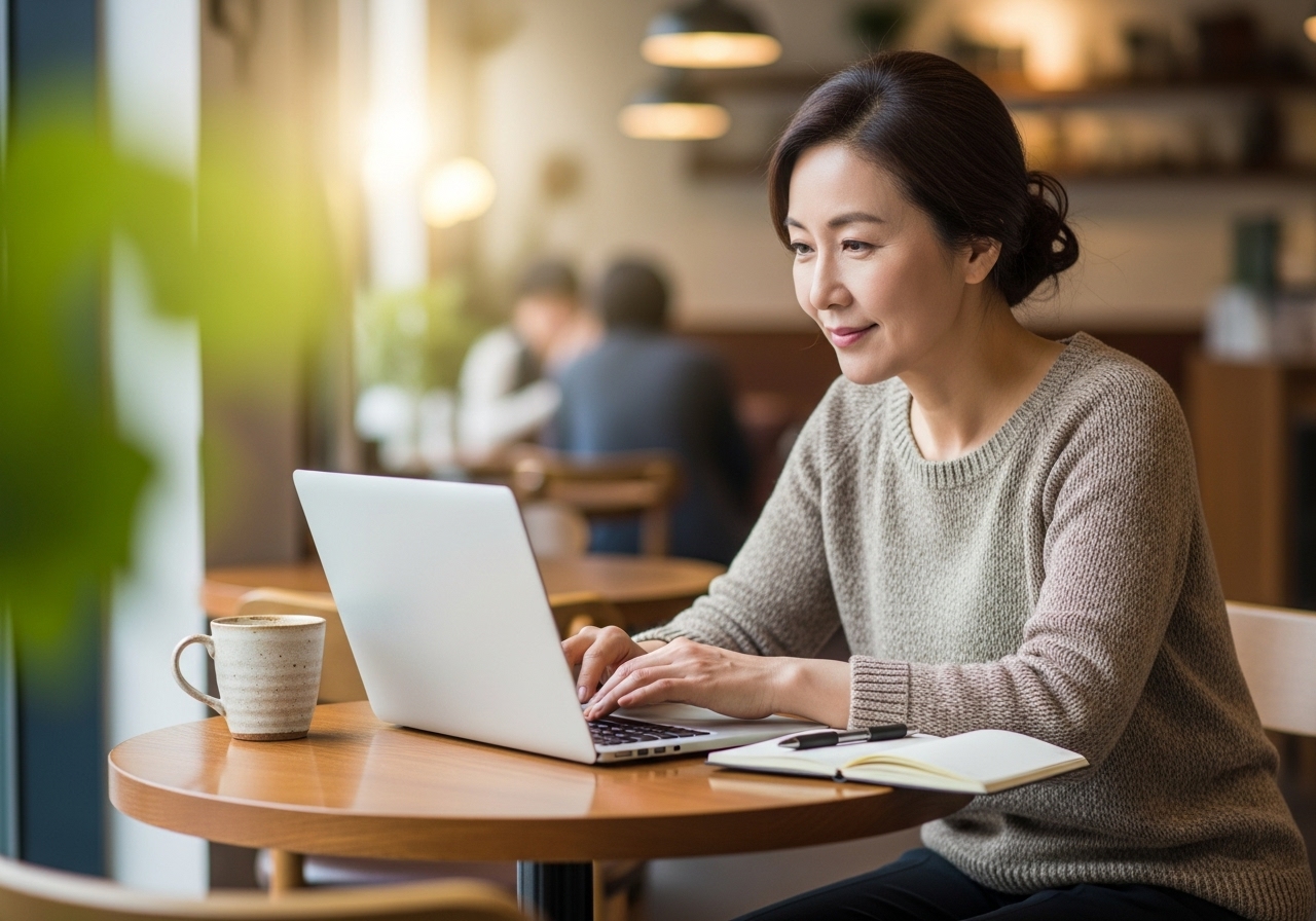 Korean woman in her 50s working at caf&eacute;