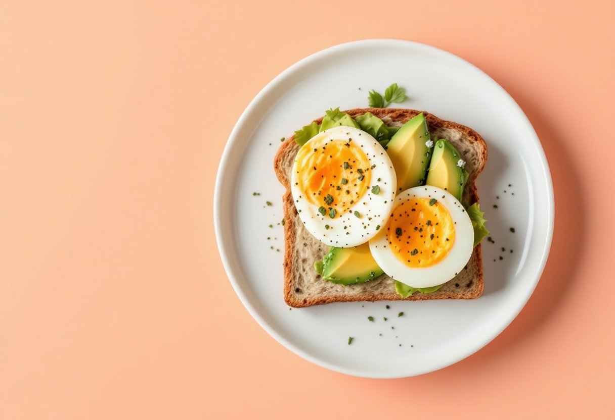 혈당 관리에 좋은 아보카도와 삶은 계란을 올린 통곡물 토스트