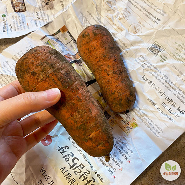 흙당근을-종이에-싸는-모습