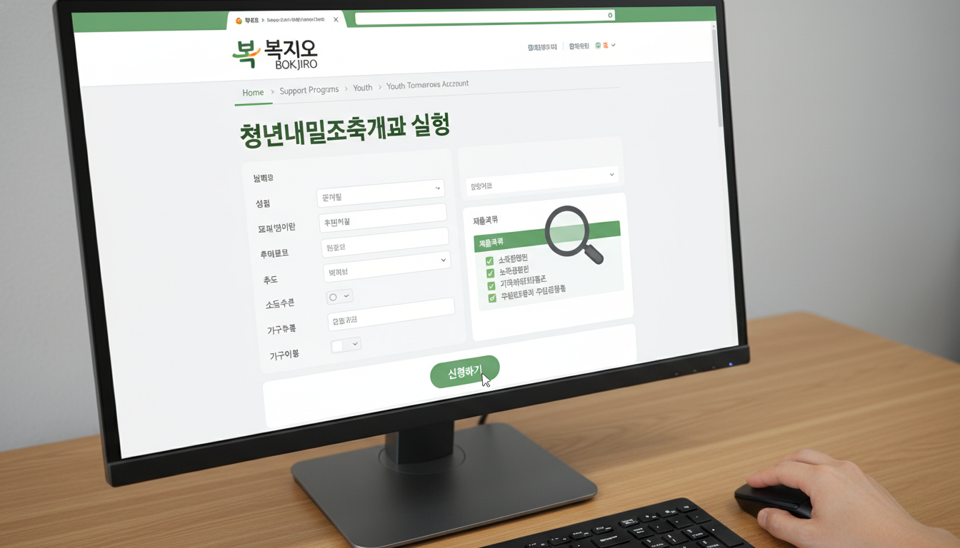 복지로 웹사이트의 청년내일저축계좌 온라인 신청 화면. 필요한 서류 목록과 신청 버튼이 강조되어 있습니다.