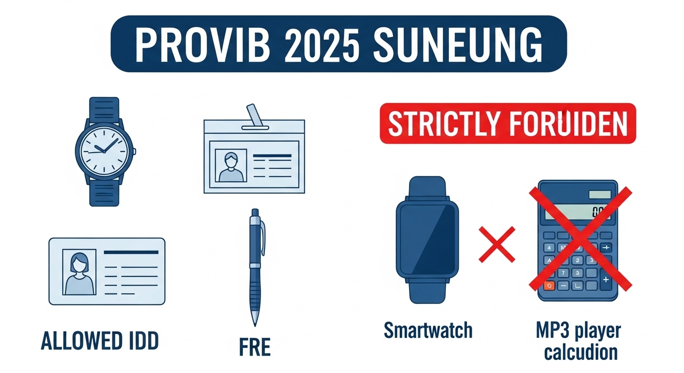 수능 시험장 반입 금지 물품과 허용 물품을 시각적으로 비교하여 보여주는 이미지. 휴대폰, 스마트워치 등 전자기기는 금지 표시되어 있음.