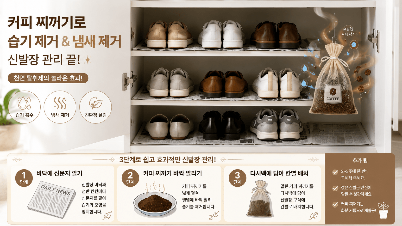 신발장 문이 열려 있고, 선반 칸칸마다 신발 아래에 짙은 회색 신문지가 깔끔하게 깔려 있고 아기자기한 다시백(마 주머니)에 담긴 갈색 커피 찌꺼기 주머니가 매달려 있는 이미지