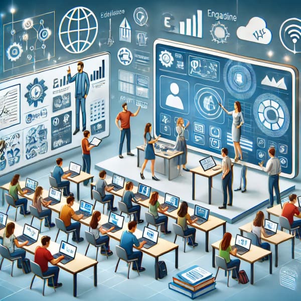 온라인 강의를 듣는 학생들, 가상 교실 인터페이스, 교육 콘텐츠를 개발하는 장면, 인터랙티브 학습 자료 화면