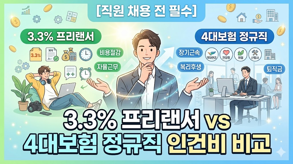 2026년 최신 기준 개인사업자 인건비 절감을 위한 프리랜서 3.3퍼센트 사업소득 세금 원천징수 신고 방식과 정규직 직원 채용시 4대보험 부담금 및 퇴직금 비용 부담 액수 상세 비교 가이드