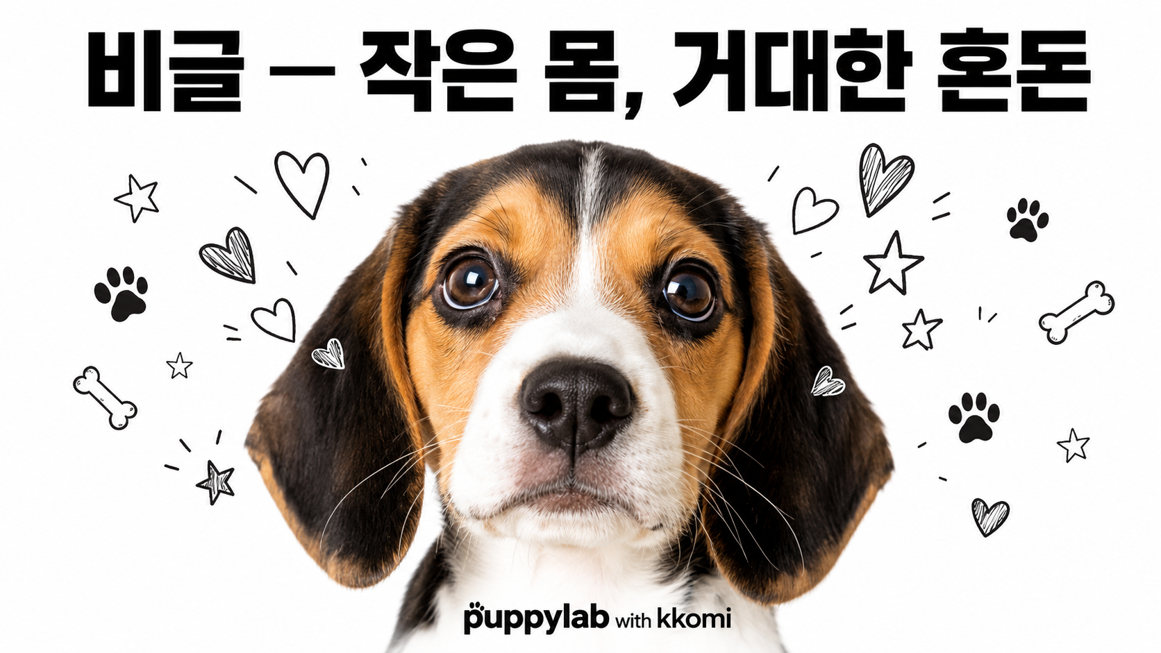 비글 정면 클로즈업 &mdash; 삼색 털과 크고 처진 귀, 초롱초롱한 눈이 특징인 비글의 상징적인 표정