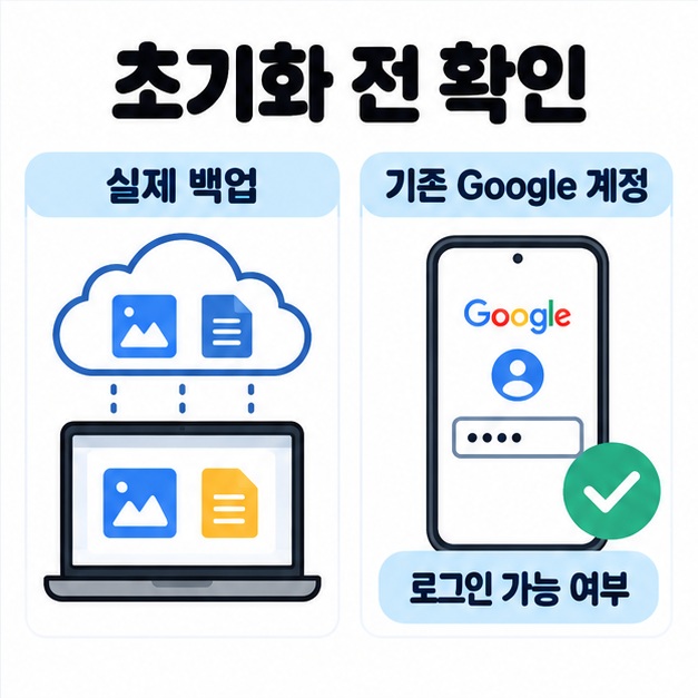 클라우드와 PC에 저장된 실제 백업 자료, 기존 Google 계정의 로그인 가능 여부를 나란히 확인하도록 구성한 그림