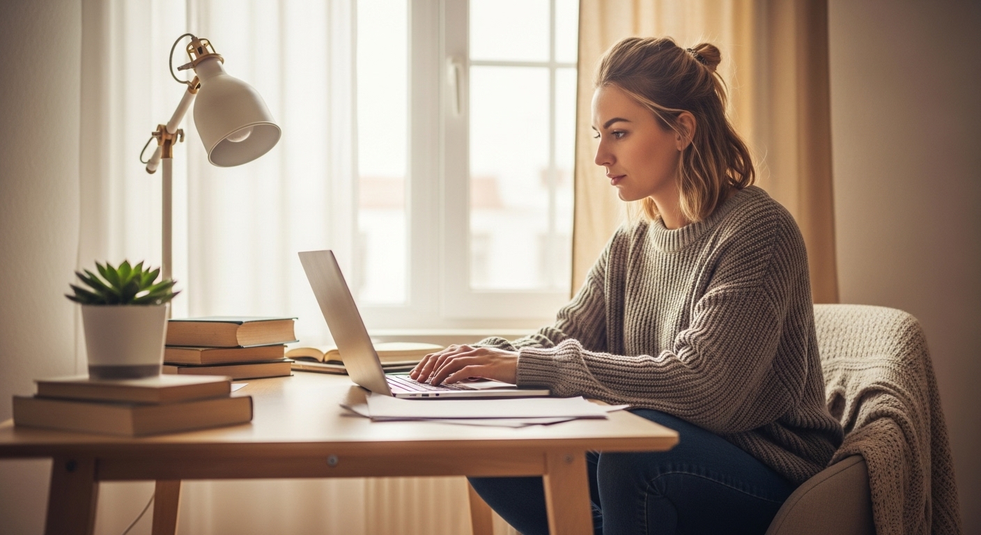 프리랜서 청년이 집에서 노트북으로 재택근무 하고 있는 모습