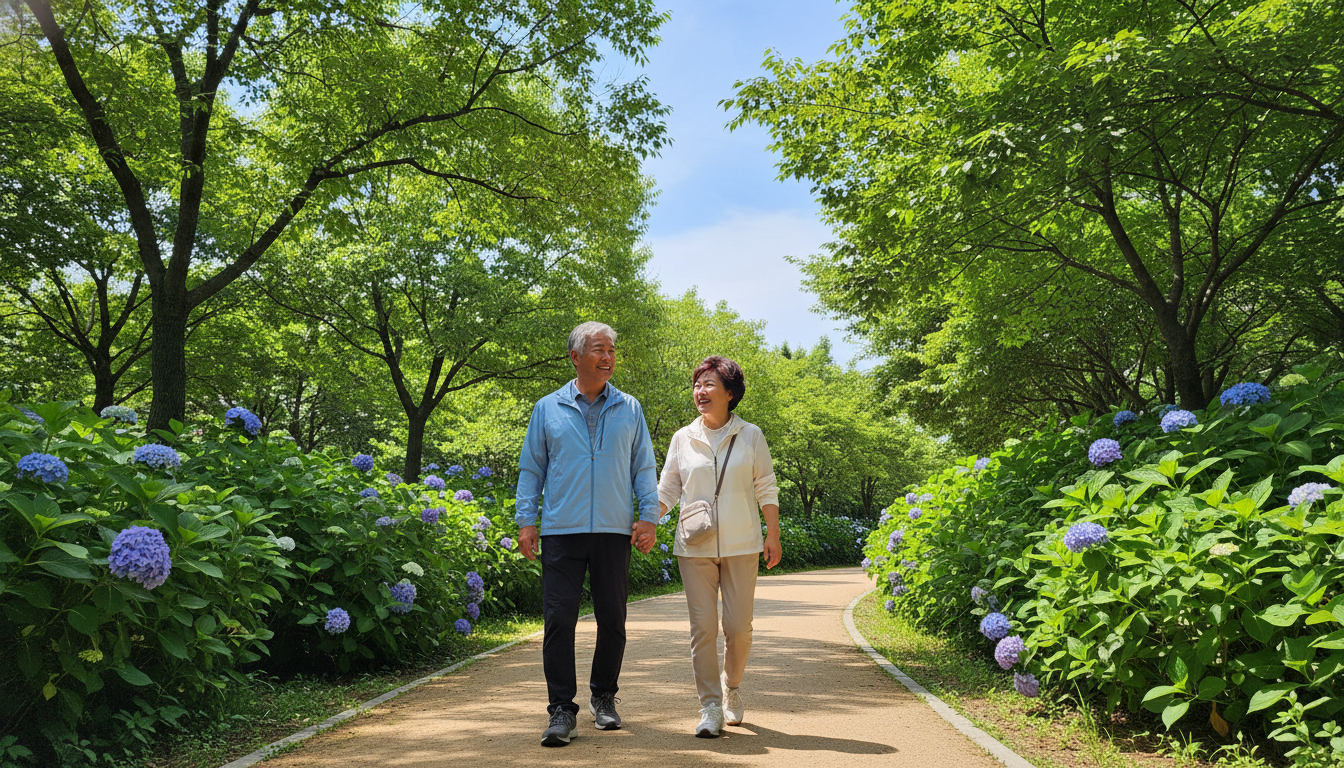 스포츠 상품권으로 공원에서 즐겁게 산책하는 노부부의 행복한 순간.