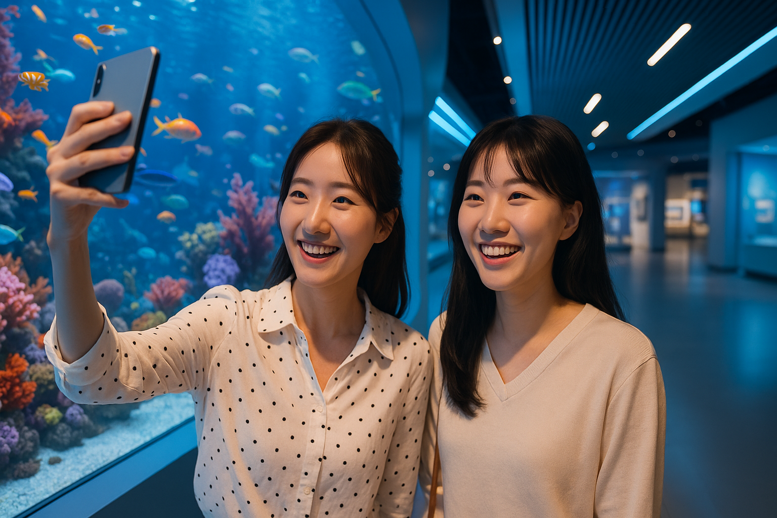 Two female travelers smiling in front of a large marine life aquarium inside the Qingdao Marine Museum, capturing the vivid sea creatures and modern interior exhibition hall in one frame.