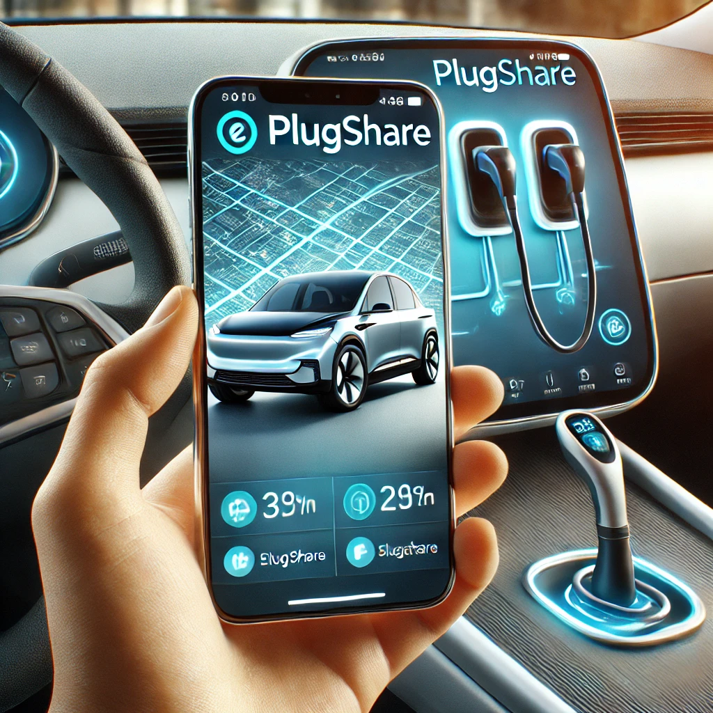스마트폰에 PlugShare와 유사한 앱 화면이 표시된 모습. 