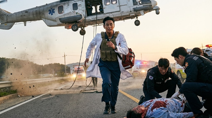 헬기에서 레펠을 타고 내려와, 아스팔트 위 피 흘리는 환자를 향해 전력 질주하는 백강혁의 역동적인 샷