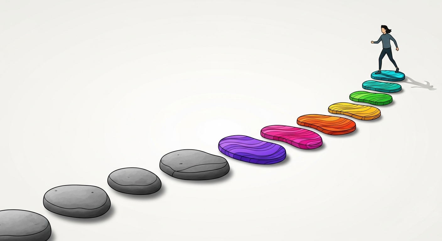 회색의 딱딱한 디딤돌에서 다채롭고 유기적인 모양의 디딤돌로 나아가는 사람. 성장 마인드셋으로의 전환을 의미.