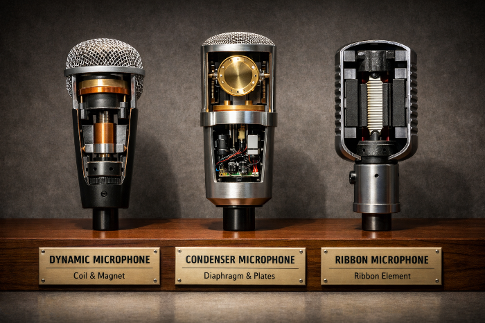 세 종류 마이크의 내부 부품 차이를 보여주는 기술 전시형 이미지