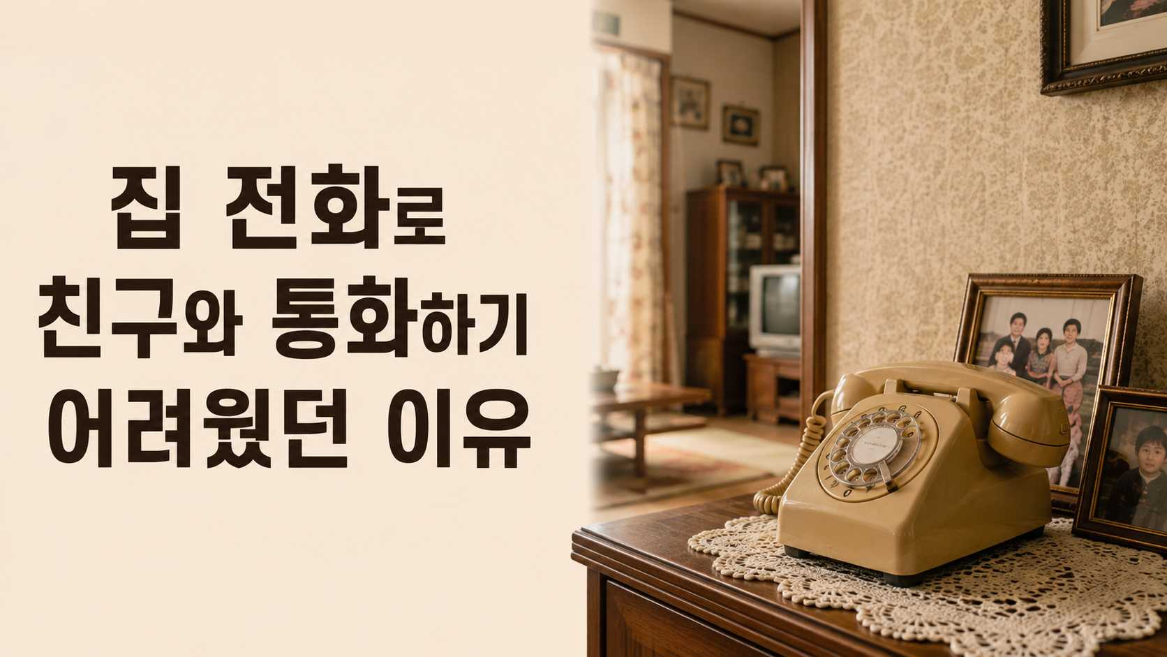 오래된 거실장 위 다이얼식 집 전화와 가족사진이 놓여 있고, 왼쪽에 &lsquo;집 전화로 친구와 통화하기 어려웠던 이유&rsquo;라는 제목이 들어간 이미지