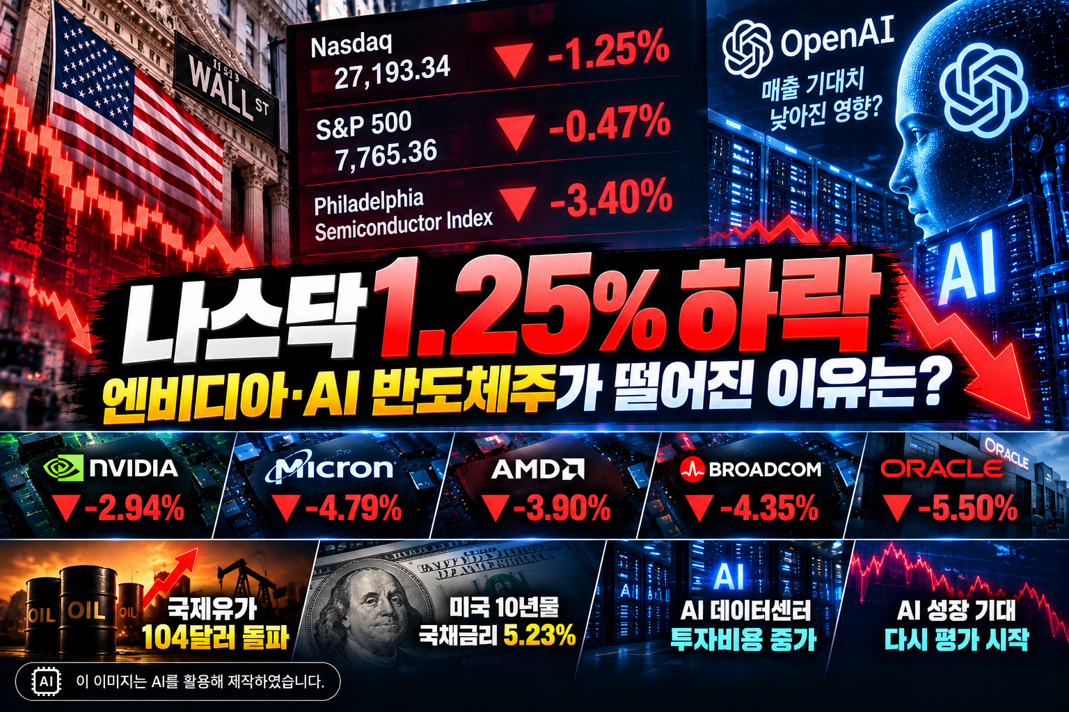 2026년 10월 8일 나스닥 1.25% 하락과 엔비디아&middot;마이크론 등 AI 반도체주 급락, 국제유가 상승 및 미국 증시 하락 원인을 나타낸 이미지