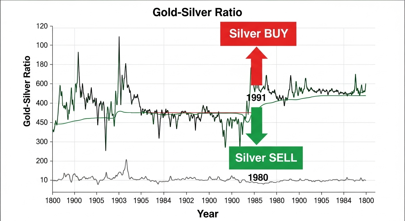 금-은 비율 그래프 위에 '매수'와 '매도' 신호가 표시된 이미지