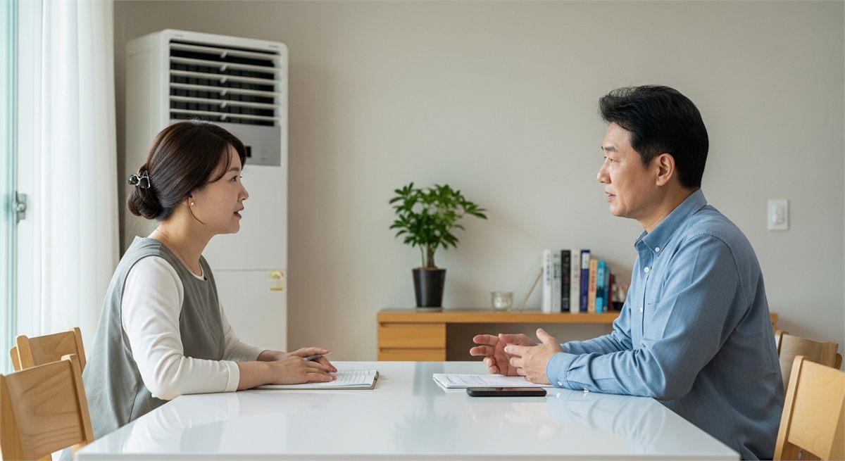 집에서 에어컨 청소 예산을 상의하는 한국 부부의 모습 