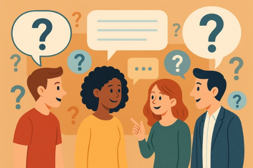 여러 개의 말풍선과 물음표 아이콘이 배경에 떠 있고, 네 명의 인물이 함께 대화를 나누는 장면을 묘사한 FAQ 대표 일러스트