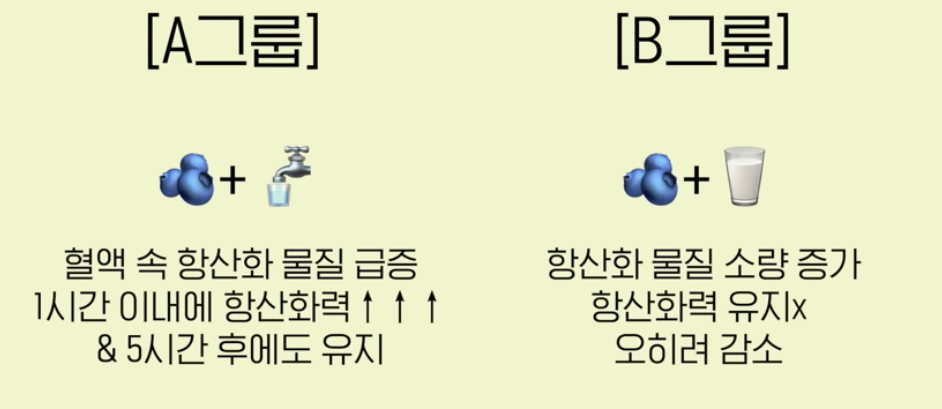 블루베리와 물, 우유의 실험결과