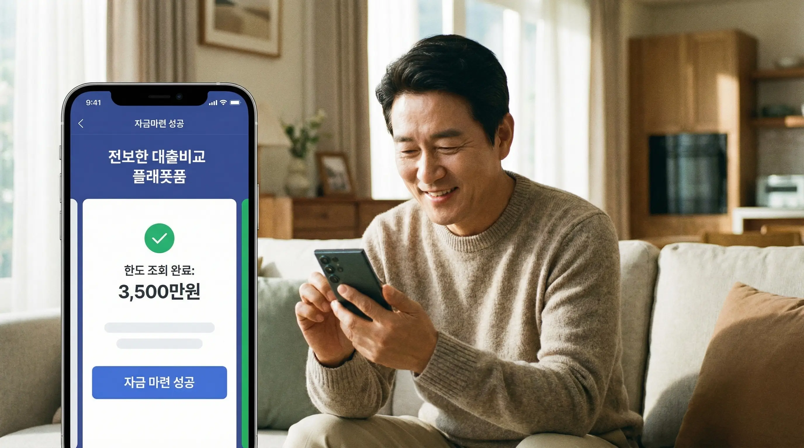 스마트폰으로 안전한 대출 비교 플랫폼을 통해 한도를 조회하고 자금을 마련하여 안도하는 모습