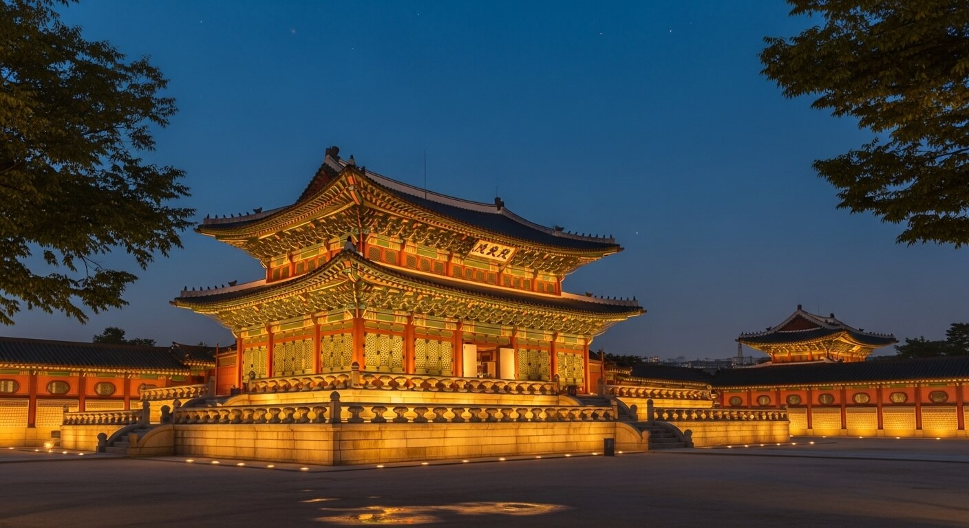 조명으로 밝혀진 궁궐 중심 건물의 야경