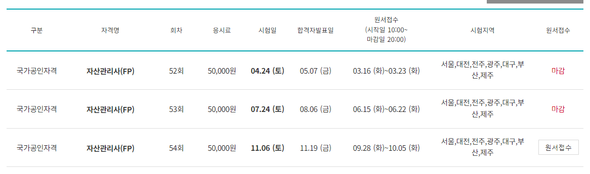 자산관리사 시험일정