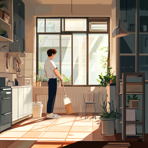 청소를 끝낸 청년