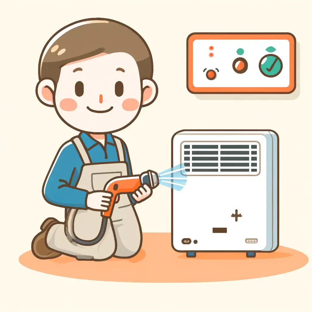 기술자가 전기 히터를 점검하고 청소하는 모습