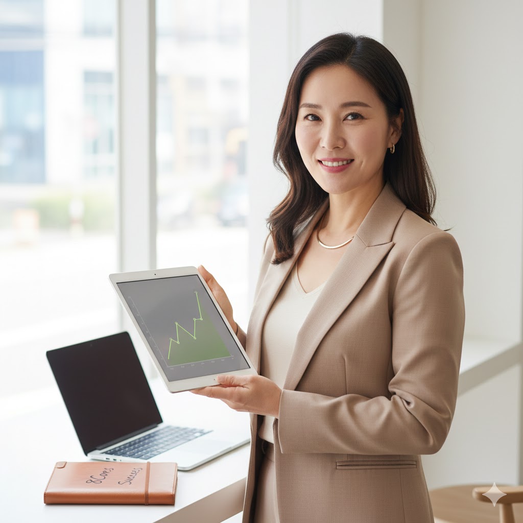 경력 단절을 극복하고 애터미 비즈니스로 성공한 여성 리더가 태블릿을 보며 자신의 성공 전략을 공유하는 희망찬 모습.