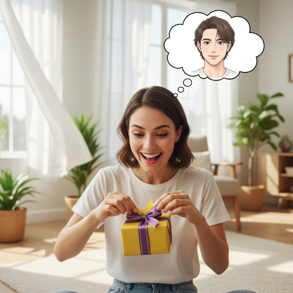 보라색 리본으로 묶인 선물을 열어보고 기뻐하는 사람