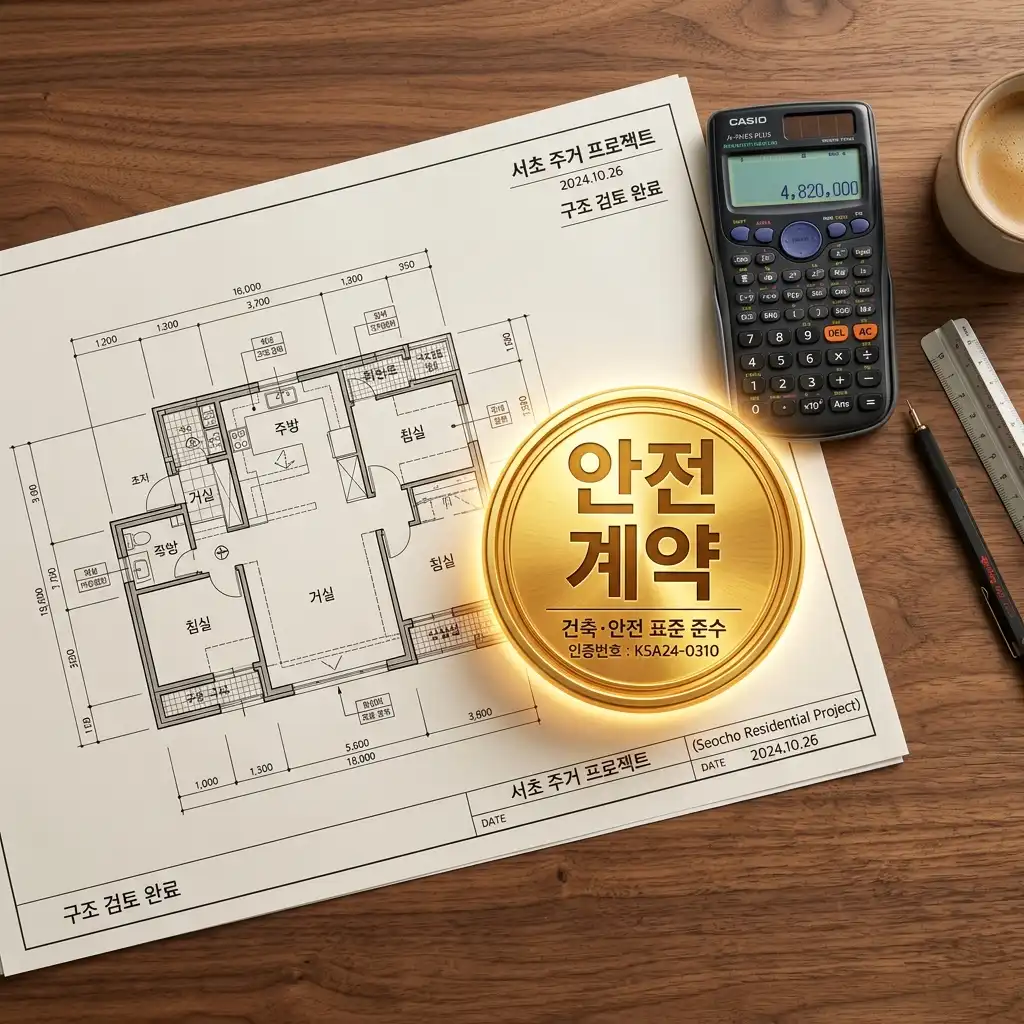 인테리어 사기를 피하고 안전한 계약을 하기 위한 교차 견적과 검증 가이드라인을 상징하는 도면 위 도장 모습입니다.