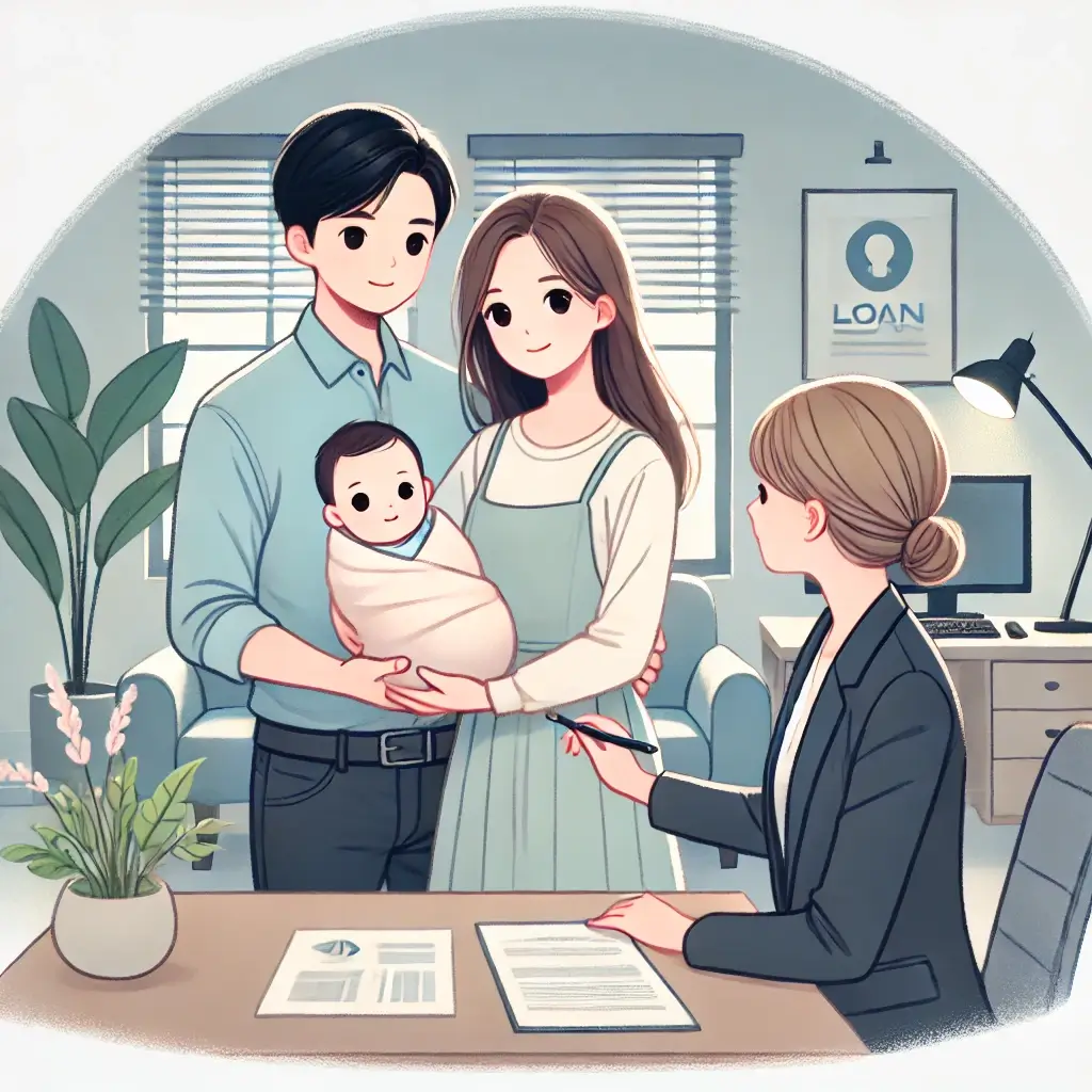 신생아를 안고 대출 상담을 받는 따뜻한 일러스트