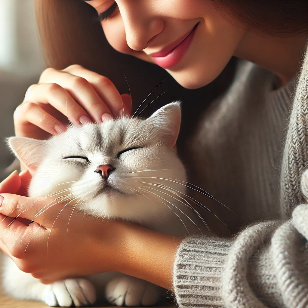 주인의 손길을 받으며 행복해하는 고양이