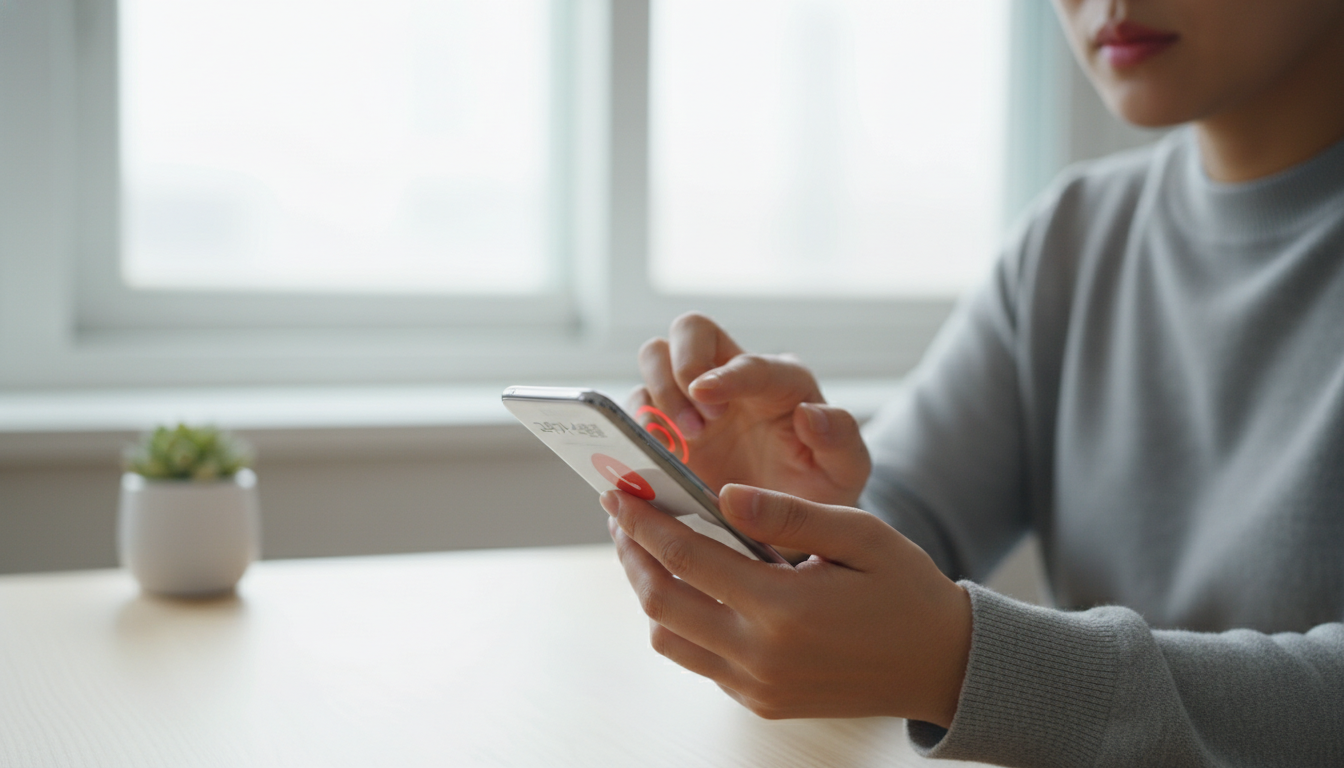 스미싱 의심 전화를 끊고 있는 한국인의 손과 스마트폰 화면.